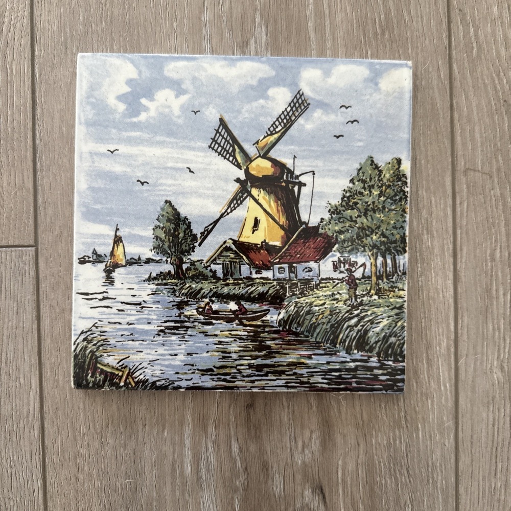 Vintage Delft Windmill Colorful Hand Painted Polychrome Tile Plaque Holland 6"